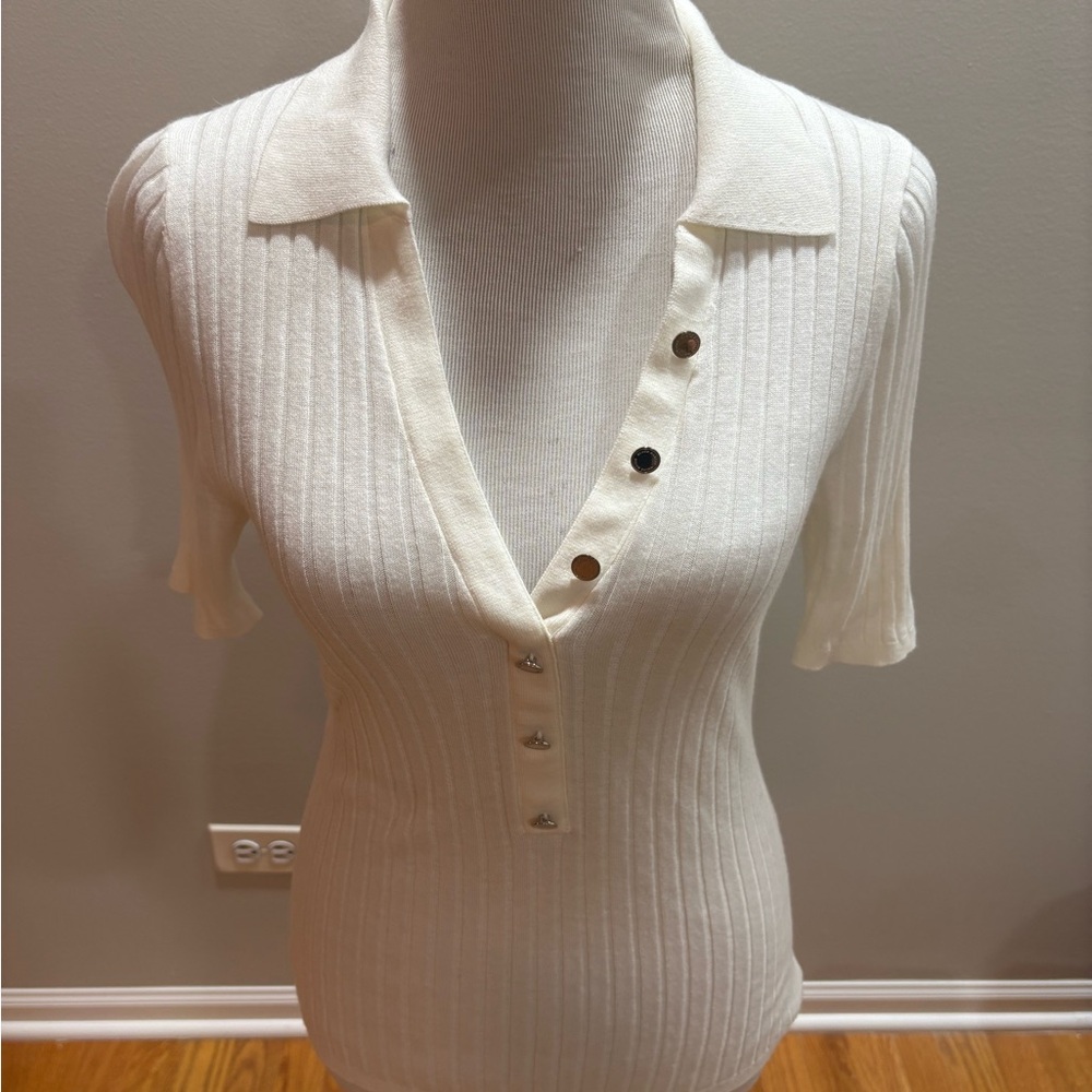 White House Black Market Ivory  Ribbed Polo-Style Short Sleeve Sweater, Sz L